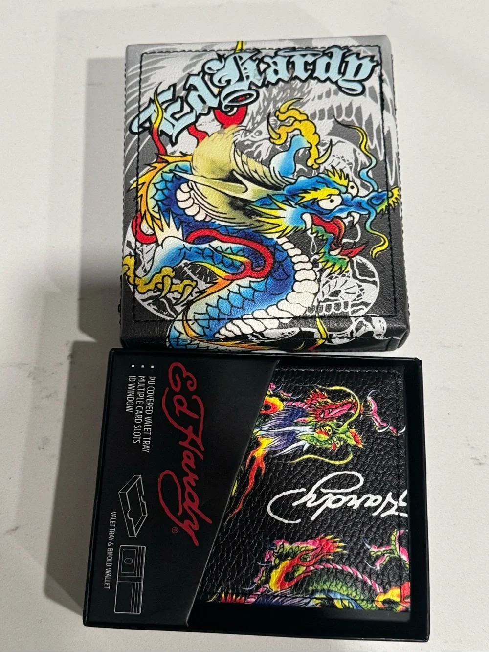 Ed Hardy Black Leather Wallet with Multicolor Dragon Art